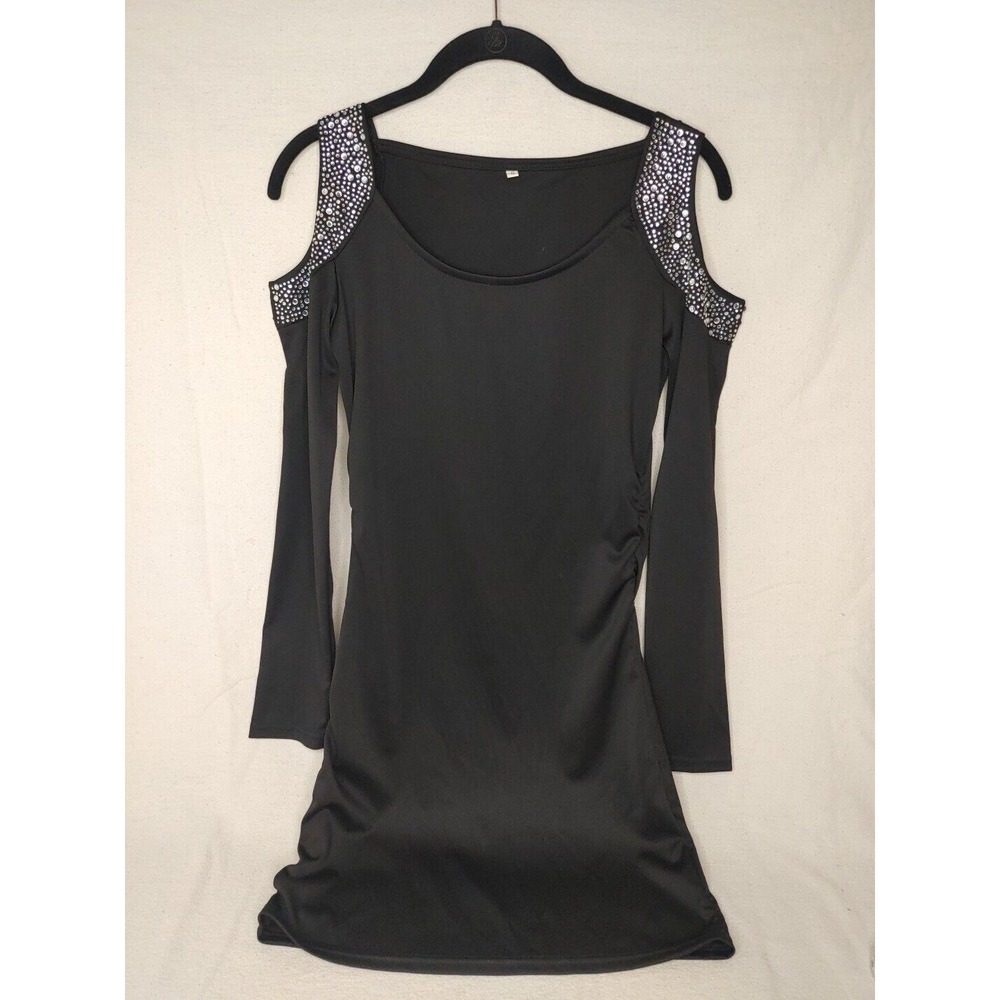Womens Embellished Diamonds Cold-Shoulder Sheath Dress, Roush Strech‎ Black Sz S